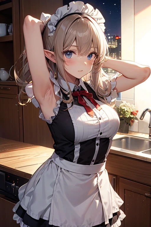 A maid, (in kitchen), various hair styles, night, details face, short skirt, seducing, sleeveless, maid uniform, armpits, elf