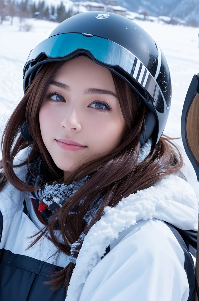 ((Top Quality)), ((Excellent)), (Details),Beautiful girl in ski wear, realistic, snowy scenery, lonely,
