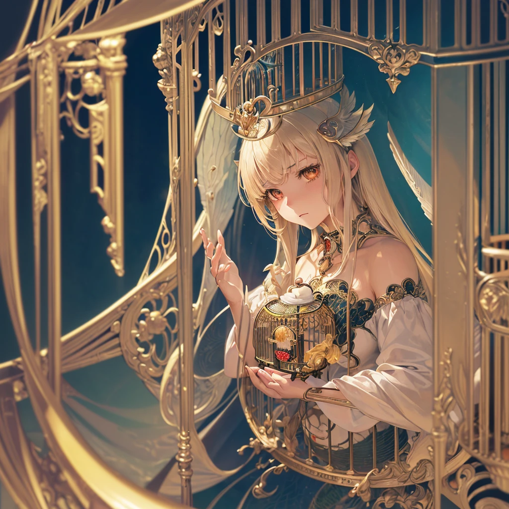 Finest quality)),(超A high resolution),(Ultra-detail),(Meticulous portrayal),((Best Anime)),(Finest works of art),sharpnes,Clair,Ultra-Precision Art,The art of astounding depiction,Beautiful fantasy art with intricate and detailed details, (One woman:1.5),(saddened:1.5),sorrowful, (She is trapped in a birdcage:1.5),in a bird cage