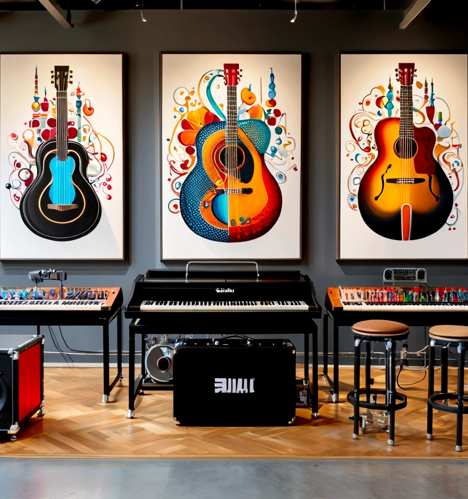 Masterpiece; Guitars and drums in a small science lab(((several science bottles around the room))); (guitars and musical keyboards inside science bottles) World map on the wall. sciencie complete with speakers and glass flasks of chemistry, embody the resilience and tenacity of the scientific community, infused with a bold graphic allure that enlivens the spirit of science. The design penetrates layers of depth, integrating the raw essence and vibrant cores of Rio de Janeiro culture.portrait of a beautiful woman on the wall.  Brushstrokes that incorporate the fluid energy of graffiti on guitars and acoustic guitars weave around dynamic geometric shapes, adorning the laboratories with an evocative masterpiece that speaks to the heart of the intersection between two diverse worlds. Majestically rendered in high definition and vibrant color, every detail bursts with life, inviting viewers to marvel at the beauty that; by Salvador Dali