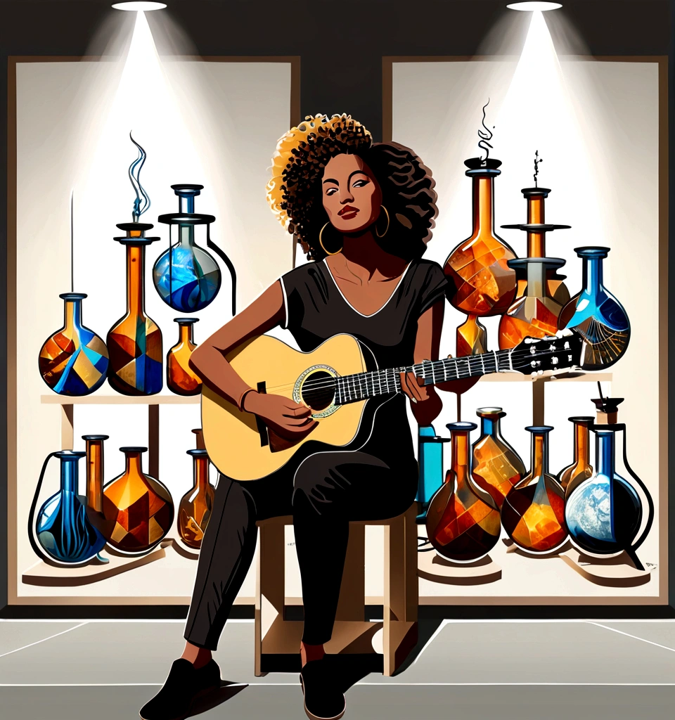 Masterpiece; Guitars and drums in a small science lab(((several science bottles around the room))); (guitars and musical keyboards inside science bottles) World map on the wall. sciencie complete with speakers and glass flasks of chemistry, embody the resilience and tenacity of the scientific community, infused with a bold graphic allure that enlivens the spirit of science. The design penetrates layers of depth, integrating the raw essence and vibrant cores of Rio de Janeiro culture.portrait of a beautiful woman on the wall.  Brushstrokes that incorporate the fluid energy of graffiti on guitars and acoustic guitars weave around dynamic geometric shapes, adorning the laboratories with an evocative masterpiece that speaks to the heart of the intersection between two diverse worlds. Majestically rendered in high definition and vibrant color, every detail bursts with life, inviting viewers to marvel at the beauty that; by Salvador Dali