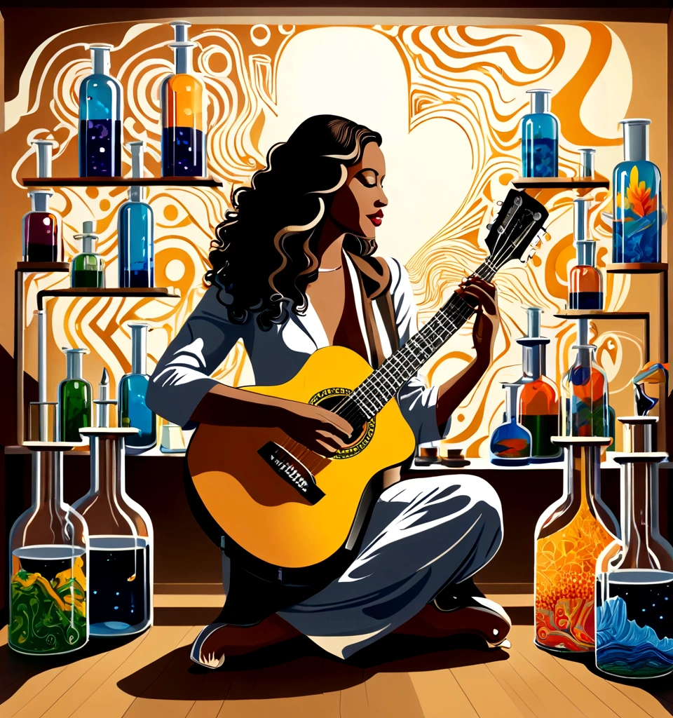 Masterpiece; Guitars and drums in a small science lab(((several science bottles around the room))); (guitars and musical keyboards inside science bottles) World map on the wall. sciencie complete with speakers and glass flasks of chemistry, embody the resilience and tenacity of the scientific community, infused with a bold graphic allure that enlivens the spirit of science. The design penetrates layers of depth, integrating the raw essence and vibrant cores of Rio de Janeiro culture.portrait of a beautiful woman on the wall.  Brushstrokes that incorporate the fluid energy of graffiti on guitars and acoustic guitars weave around dynamic geometric shapes, adorning the laboratories with an evocative masterpiece that speaks to the heart of the intersection between two diverse worlds. Majestically rendered in high definition and vibrant color, every detail bursts with life, inviting viewers to marvel at the beauty that; by Salvador Dali