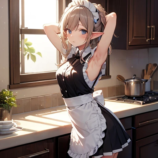 A maid, (in kitchen), various hair styles, night, details face, short skirt, seducing, sleeveless, maid uniform, armpits, elf