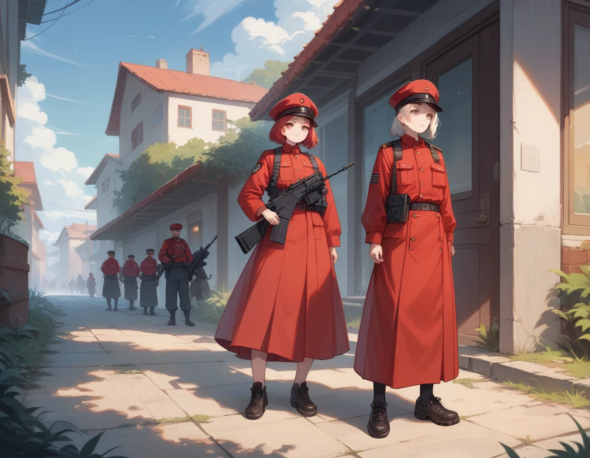 A platoon of girls wearing bright red military uniforms and long red skirts、A pair of girl platoon leaders and girl soldiers wearing red military uniforms and red long skirts and equipped with assault rifles