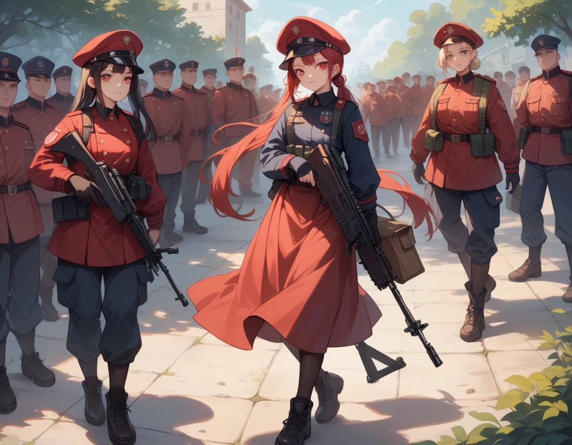A platoon of girls wearing bright red military uniforms and long red skirts、A pair of girl platoon leaders and girl soldiers wearing red military uniforms and red long skirts and equipped with assault rifles