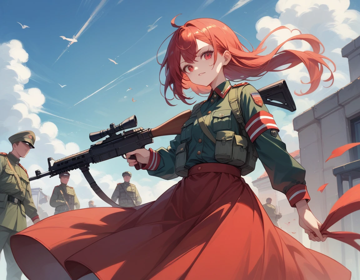 A platoon of girls wearing bright red military uniforms and long red skirts、A pair of girl platoon leaders and girl soldiers wearing red military uniforms and red long skirts and equipped with assault rifles