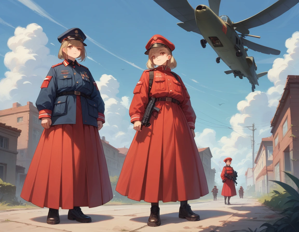 A platoon of girls wearing bright red military uniforms and long red skirts、A pair of girl platoon leaders and girl soldiers wearing red military uniforms and red long skirts and equipped with assault rifles