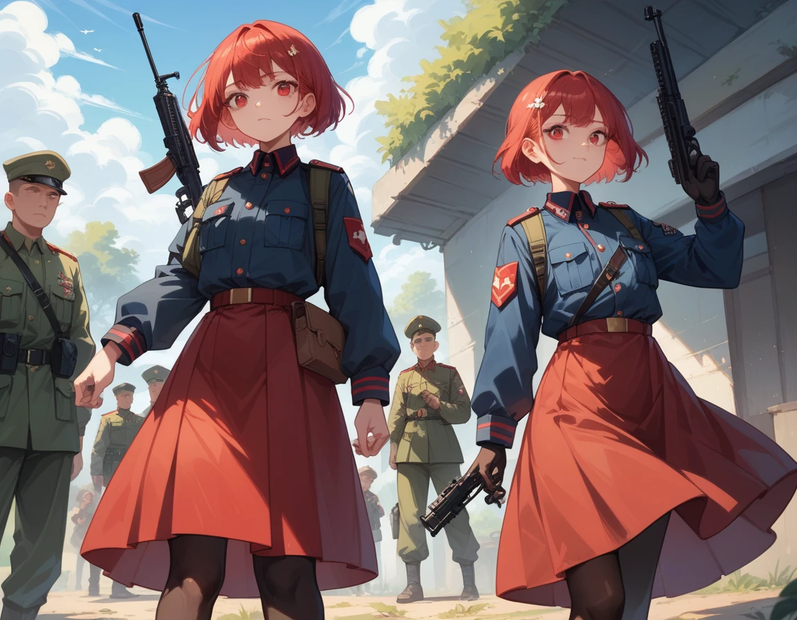 A platoon of girls wearing bright red military uniforms and long red skirts、A pair of girl platoon leaders and girl soldiers wearing red military uniforms and red long skirts and equipped with assault rifles