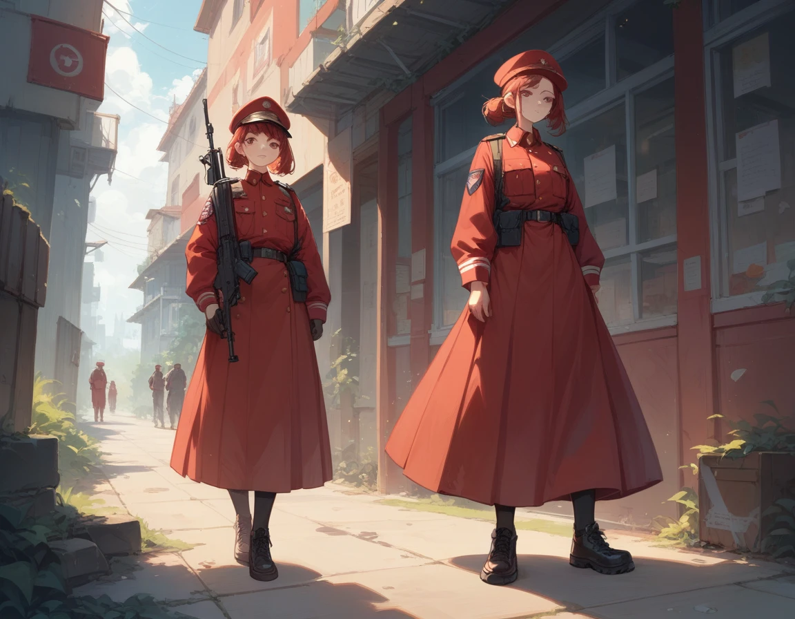 A platoon of girls wearing bright red military uniforms and long red skirts、A pair of girl platoon leaders and girl soldiers wearing red military uniforms and red long skirts and equipped with assault rifles