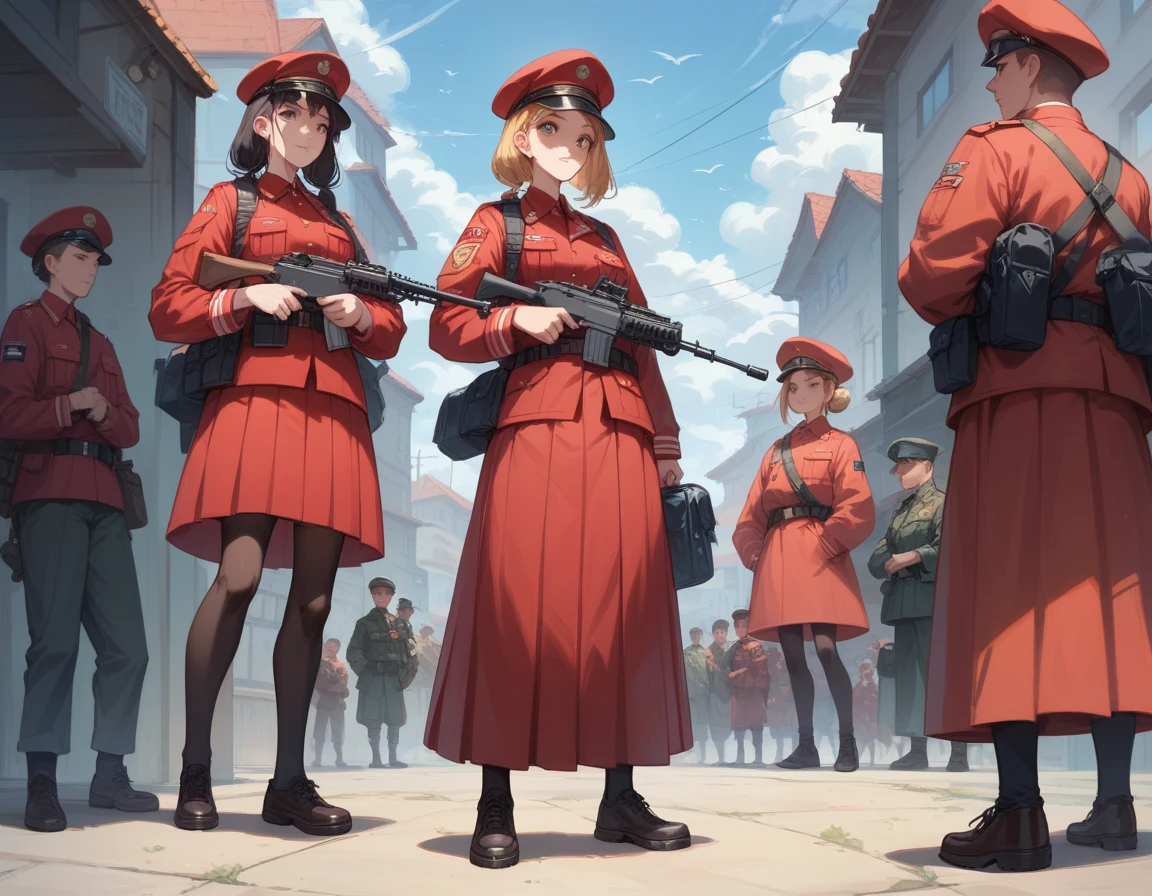 A platoon of girls wearing bright red military uniforms and long red skirts、A pair of girl platoon leaders and girl soldiers wearing red military uniforms and red long skirts and equipped with assault rifles