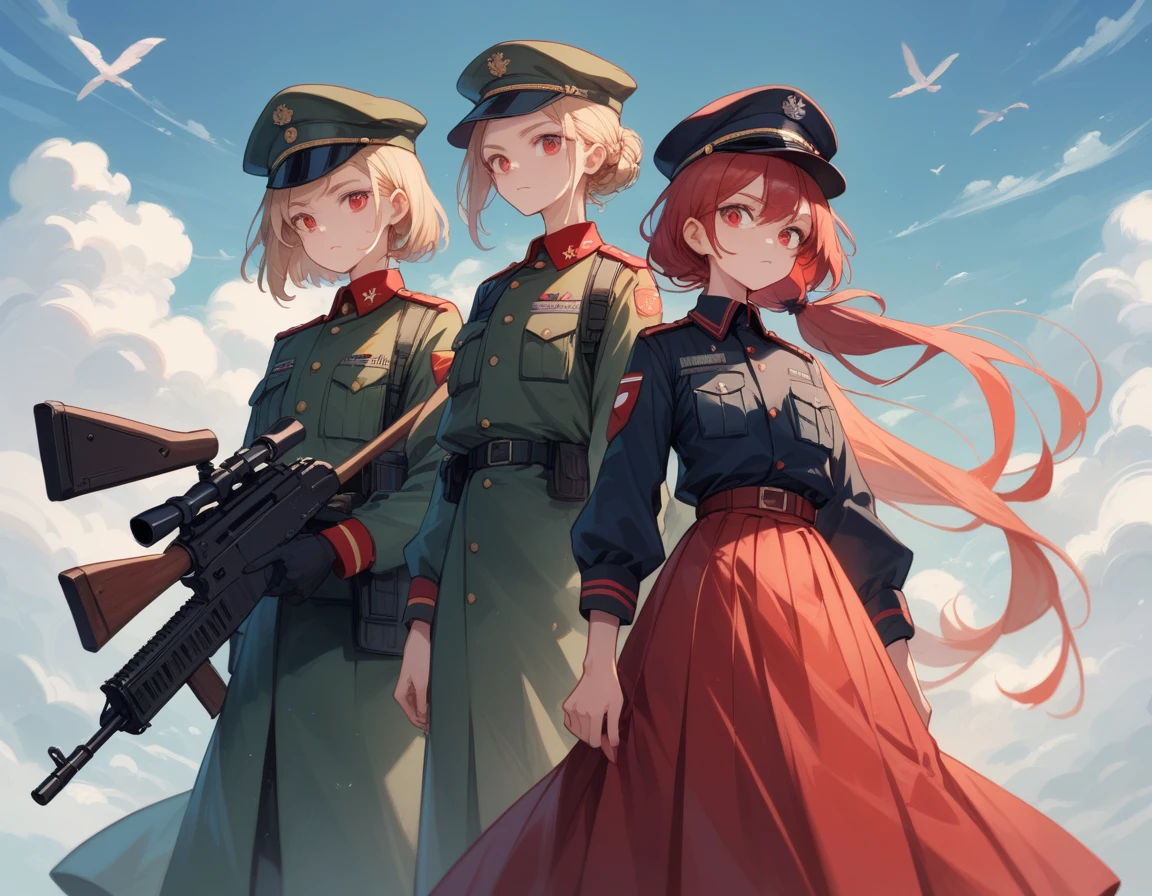 A platoon of girls wearing bright red military uniforms and long red skirts、A pair of girl platoon leaders and girl soldiers wearing red military uniforms and red long skirts and equipped with assault rifles