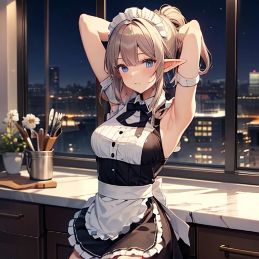 A maid, (in kitchen), various hair styles, night, details face, short skirt, seducing, sleeveless, maid uniform, armpits, elf