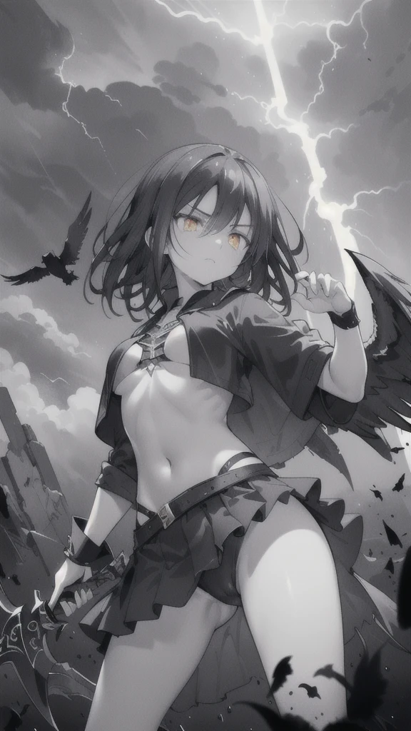 (dark hair,short black hair),(golden eyes),(swimsuit),(ink black longsword),(ravens),(high contrast,monochrome,black and white),(mystery,ominous),(stormy atmosphere,thunderstorm),(dramatic lighting),(detailed textures),(dynamic pose),(dark background)