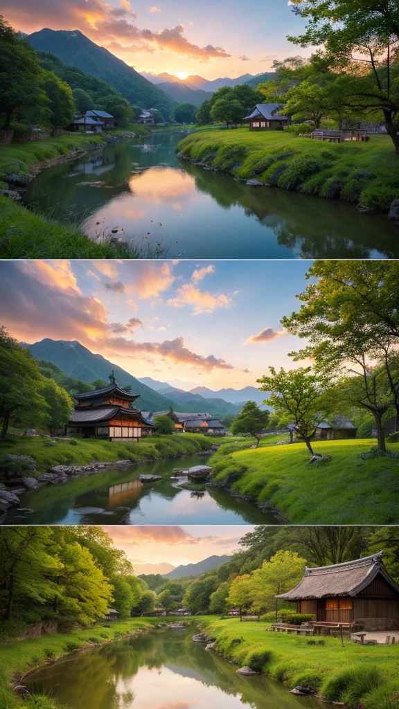 Landscape painting、Japanese village scenery、Photo Style、evening、evening、sunset、1 photo