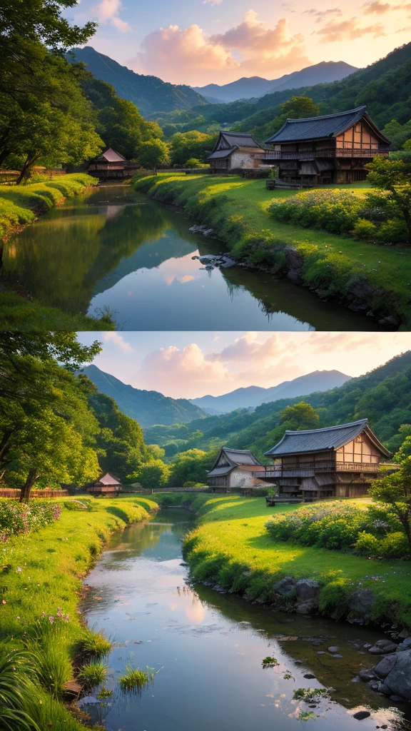 Landscape painting、Japanese village scenery、Photo Style、evening、evening、sunset、1 photo