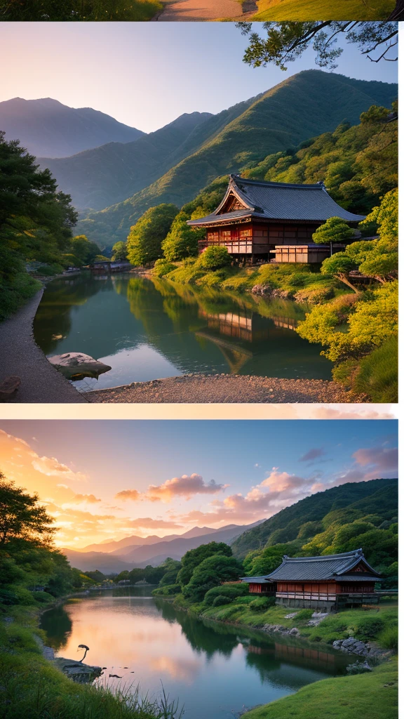 Landscape painting、Japanese village scenery、Photo Style、evening、evening、sunset、1 photo