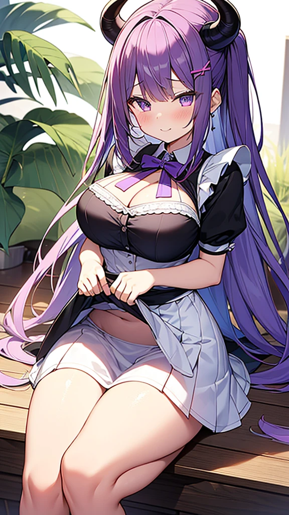最high quality, high quality, 16K full body image, Ultra-detailed details, pretty girl, alone, beautiful purple hair, Beautiful purple eyes, Big Breasts, A light smile, Summer clothes, Summer Maid clothes, I'm lifting my skirt, Blue and white color striped underwear(Bikini swimsuit under skirt), My crotch is wet with love juice, {{A succubus who steals the face skin and maid uniform from the girl she likes and plays pranks on her、I'm wearing a maid outfit while pretending to be the girl I like.}}, The girl I like is a high school girl, Full body image, NSFW