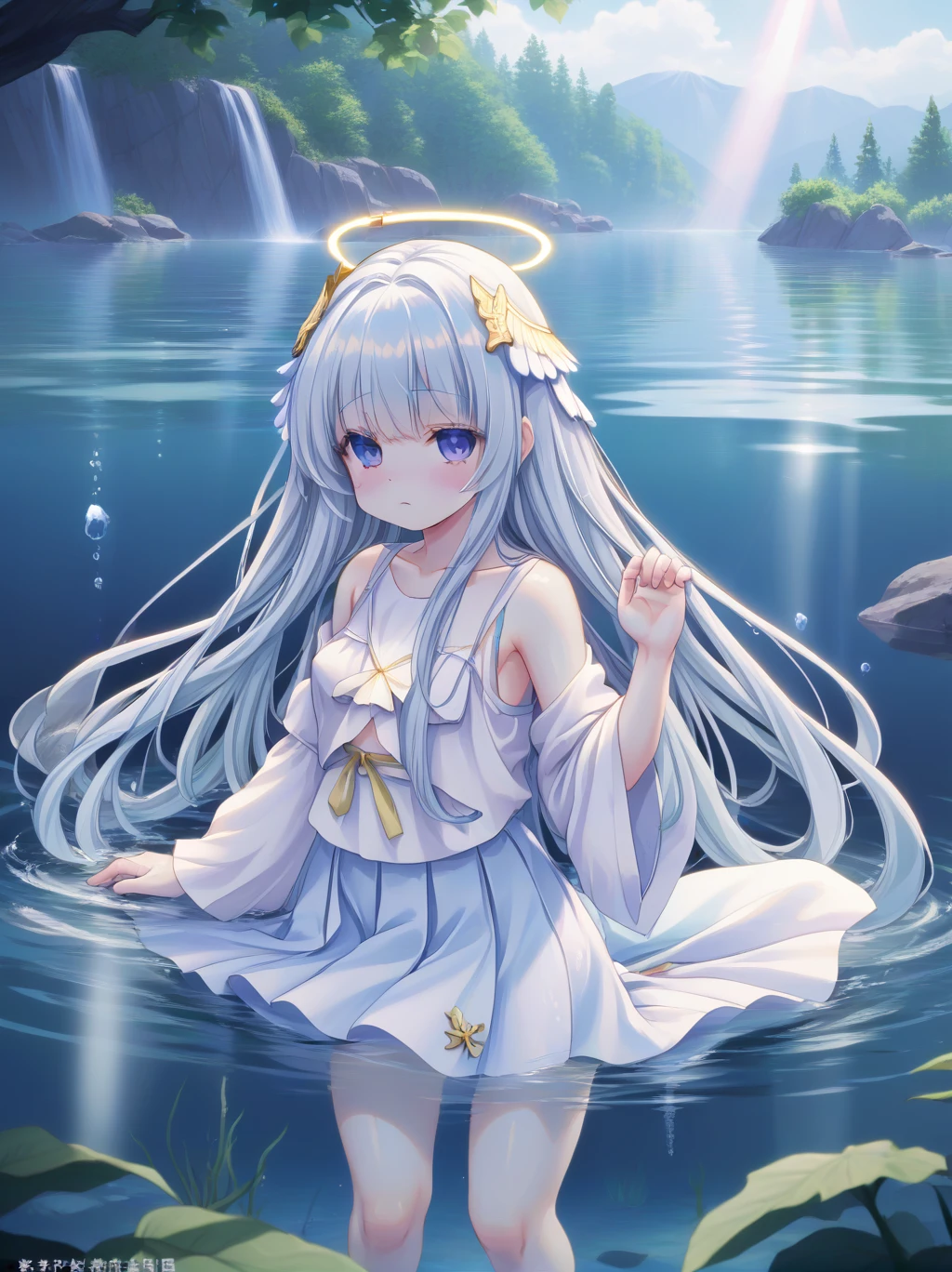 partially underwater, lakeの女神, Long Hair, Wet Hair,lake,8-year-old、Flat Chest、skirt、Above the water line from the neck、Body in water, ,浮力でskirtがめくれる、Angel Halo、No text