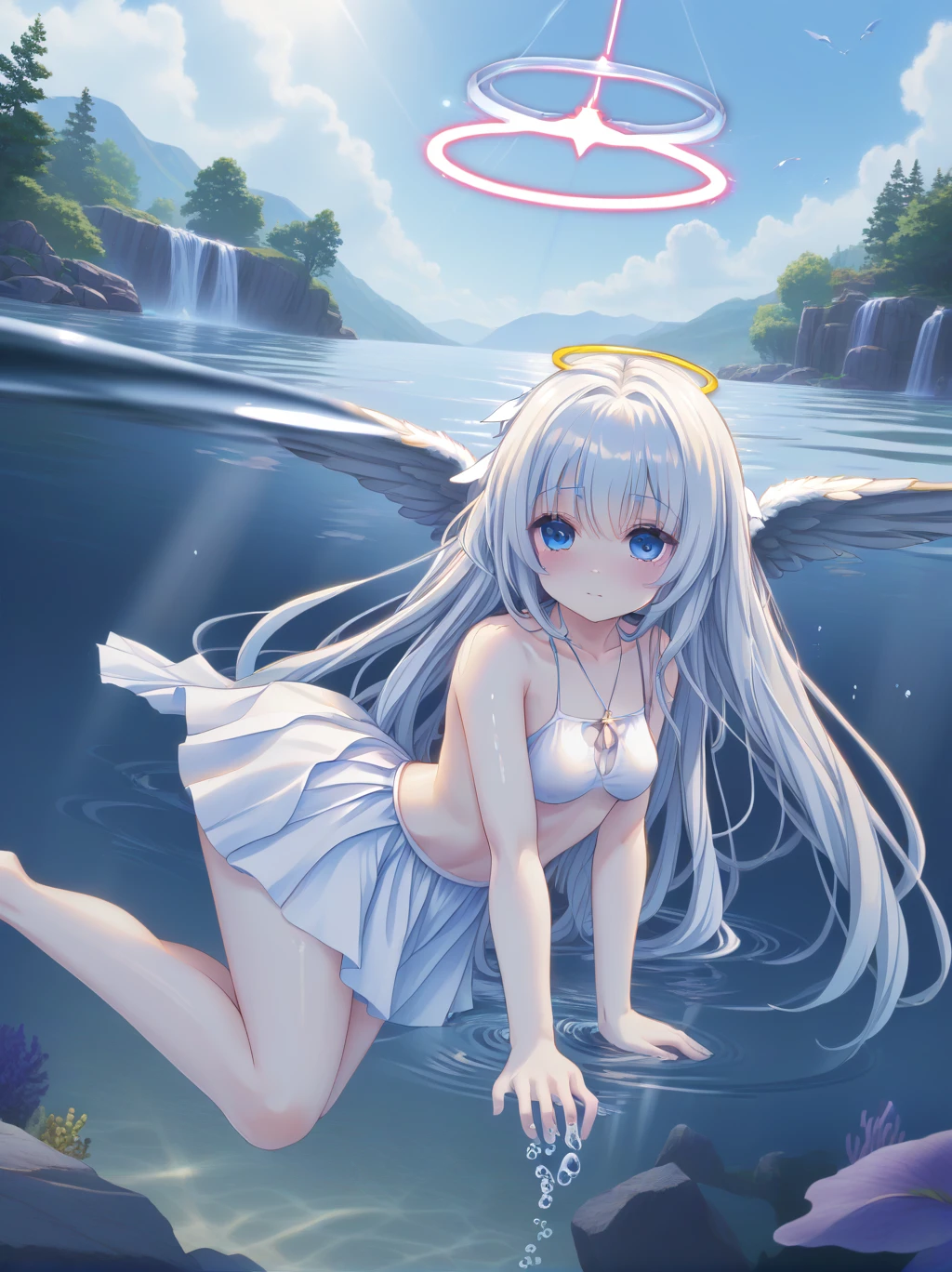 partially underwater, lakeの女神, Long Hair, Wet Hair,lake,8-year-old、Flat Chest、skirt、Above the water line from the neck、Body in water, ,浮力でskirtがめくれる、Angel Halo、No text