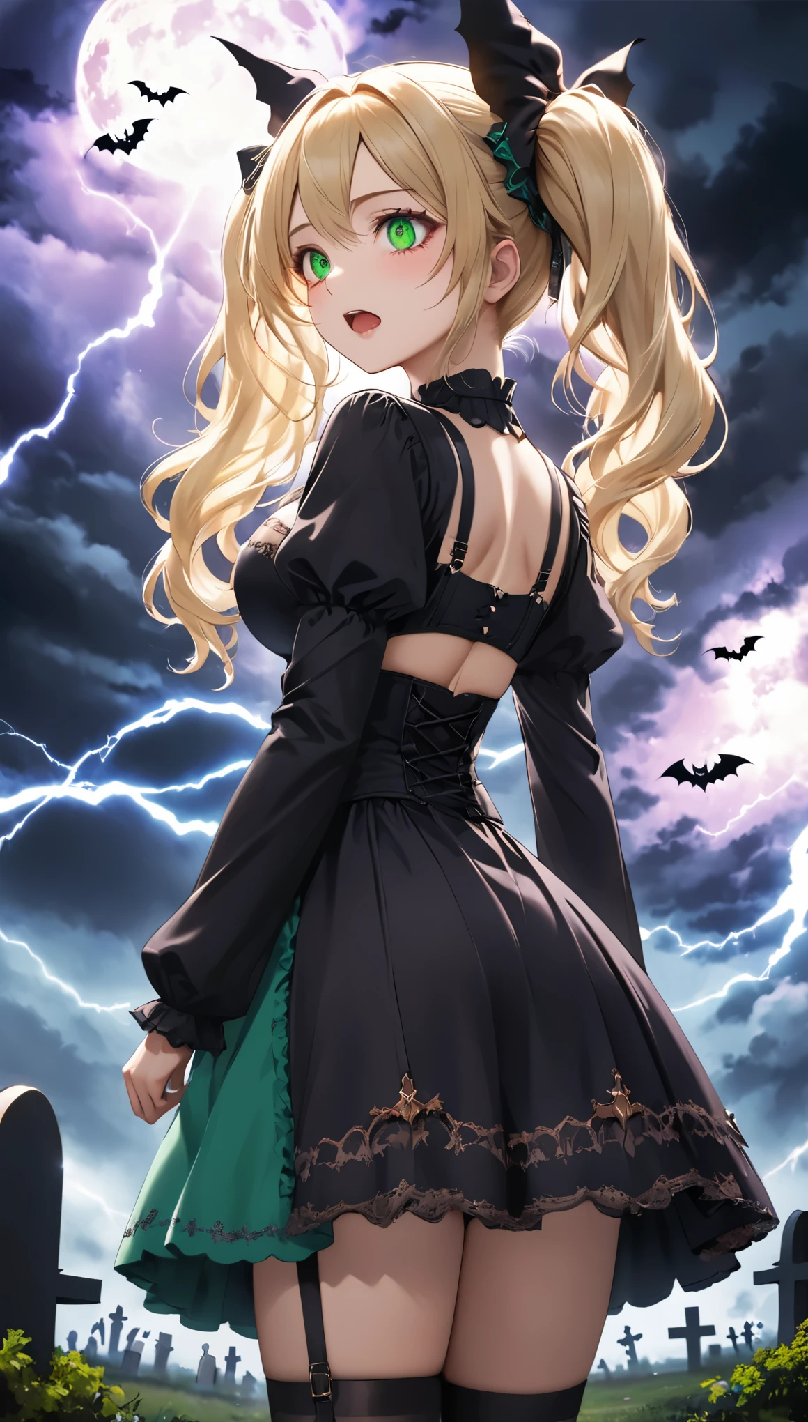 Highest quality, Highest quality, 16K, Unbelievably absurd, Very detailed, 2.5D, delicate and dynamic, Cemetery, Moonlit Night, storm, thunderstorm, Scary Sky, Tiny faint lights and colorful lights, A lot of bats, magic, Small face, Very delicate facial expressions, Delicate eye depiction, Upper body close-up,, erotic, dynamic sexy poses, One sexy woman, Healthy body shape, 24-year-old woman, doaxvv_marie rose, witch, Height: 170cm, big firm bouncing busts, , blonde very long wavy hair, twin tail, Landscape, Looking back towards the camera, Looking up, A complex, gothic-style long dress, , Green long skirt, garter belt, Brown Loafers, Standing Alone