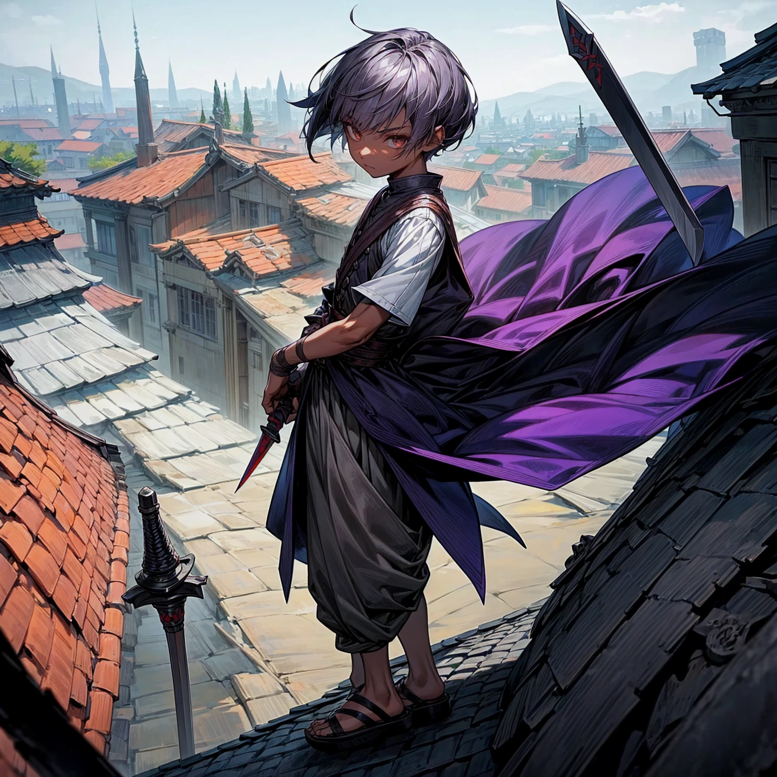 1little boy, Full body version, 1character, coral eyes color, dark skin, long Pixie cut hairstyle, small eyes type, violet colour hair, Assassin clothing style, gray color clothing, Ancient greek sandals, two dagger knife silver in two hand, armor vest, Grassroots background in roofs of houses, house tiles in the background 