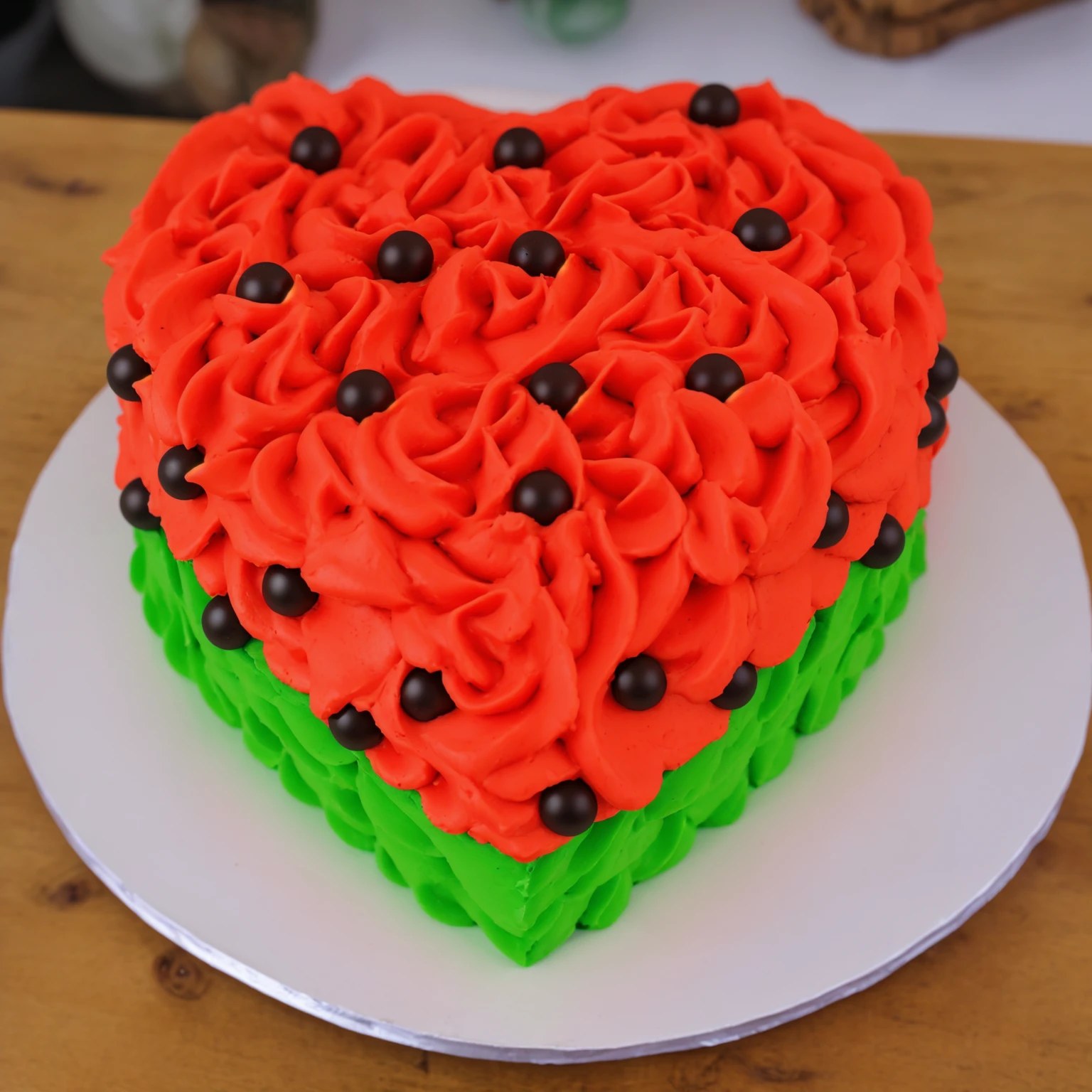 on a wooden table, red and green cream heart cake, star shaped cream, with black plastic beads, Multiple light sources, bright lighting, Realistic style , realistic texture, detailed texture, A high resolution, high quality,