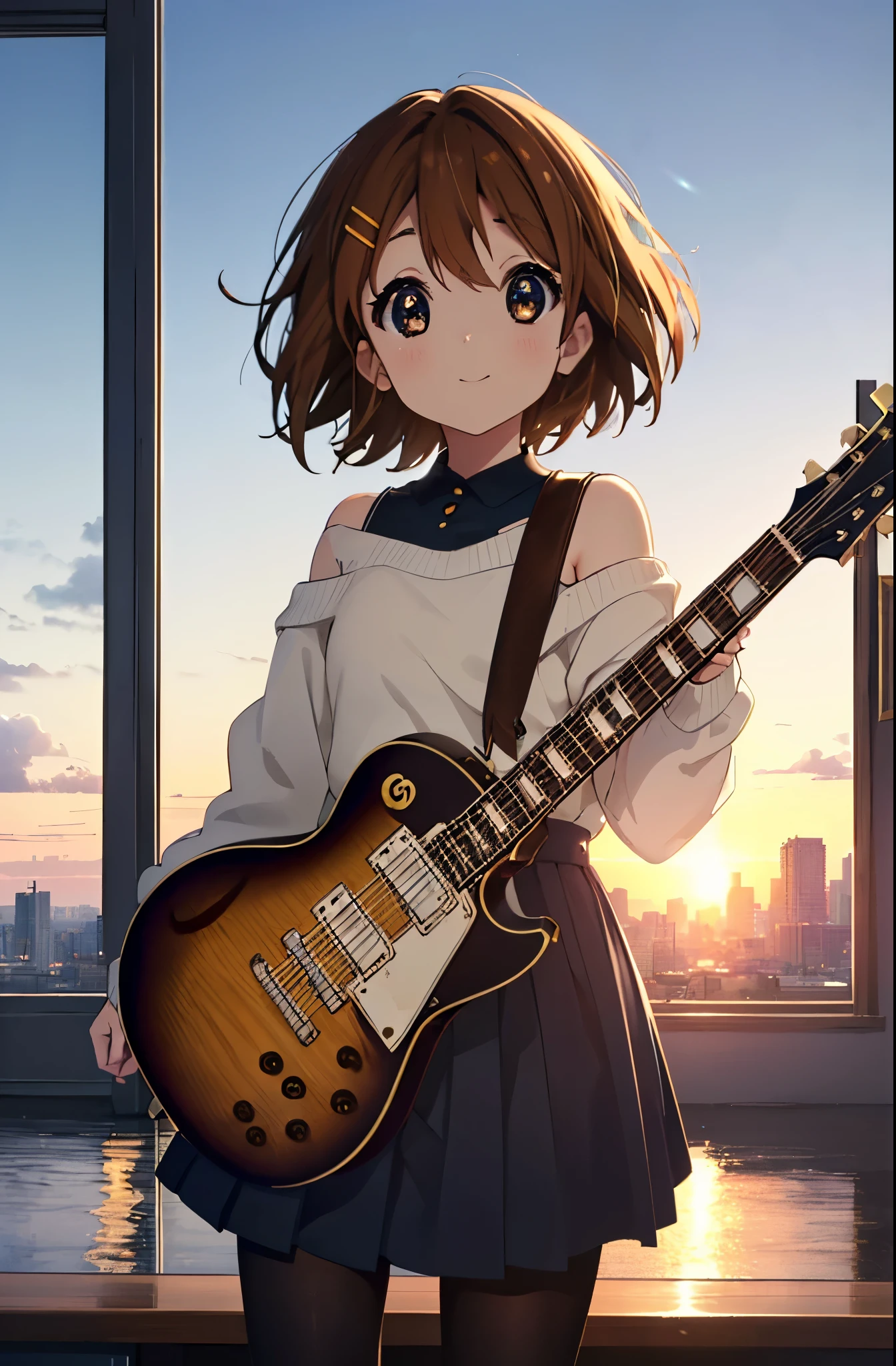 yuihirasawa, Yui Hirasawa, short hair, Brown Hair, hair ornaments, (Brown eyes:1.5),blush,smile,White oversized one-shoulder sweater,Black pleated skirt,White Pantyhose,short boots,Hair Clip,guitar(Gibson　Les Paul)Flip、smile、Overlooking the city from the top of the hill、Beautiful sunset、the wind is strong、whole bodyがイラストに入るように,
break otdoors, 丘
break looking at viewer, whole body、
break (masterpiece:1.2), Highest quality, High resolution, unity 8k wallpaper, (shape:0.8), (Beautiful and beautiful eyes:1.6), Highly detailed face, Perfect lighting, Highly detailed CG, (Perfect hands, Perfect Anatomy),