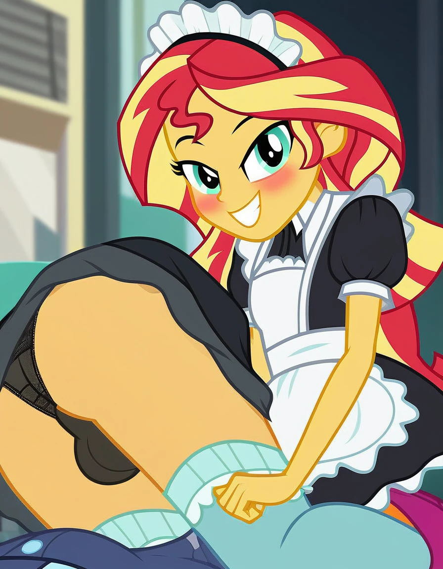 upskirt, duo focus, equestria girls, blushing, sunset shimmer, bra, underwear, grin, evil smile, erection, smiling, butt, clothes, maid, black panties, underwear, sunbutt, show accurate, vector, male pov, tenting, crotch big bulge, big erection in pants, offscreen male character