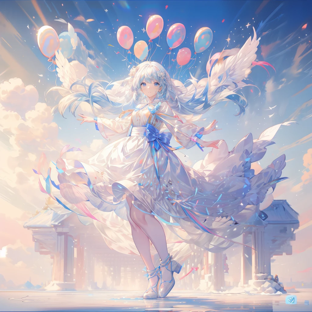 girl，white long hair，blue eyes，(lots of balloons)，(Tons of balloons)，(Brightly colored balloons)，floating，jump，colorful，smile，Flowers flutter，Birds are flying，Feathers dance，magic，shine，Sparkling，Fluffy skirt