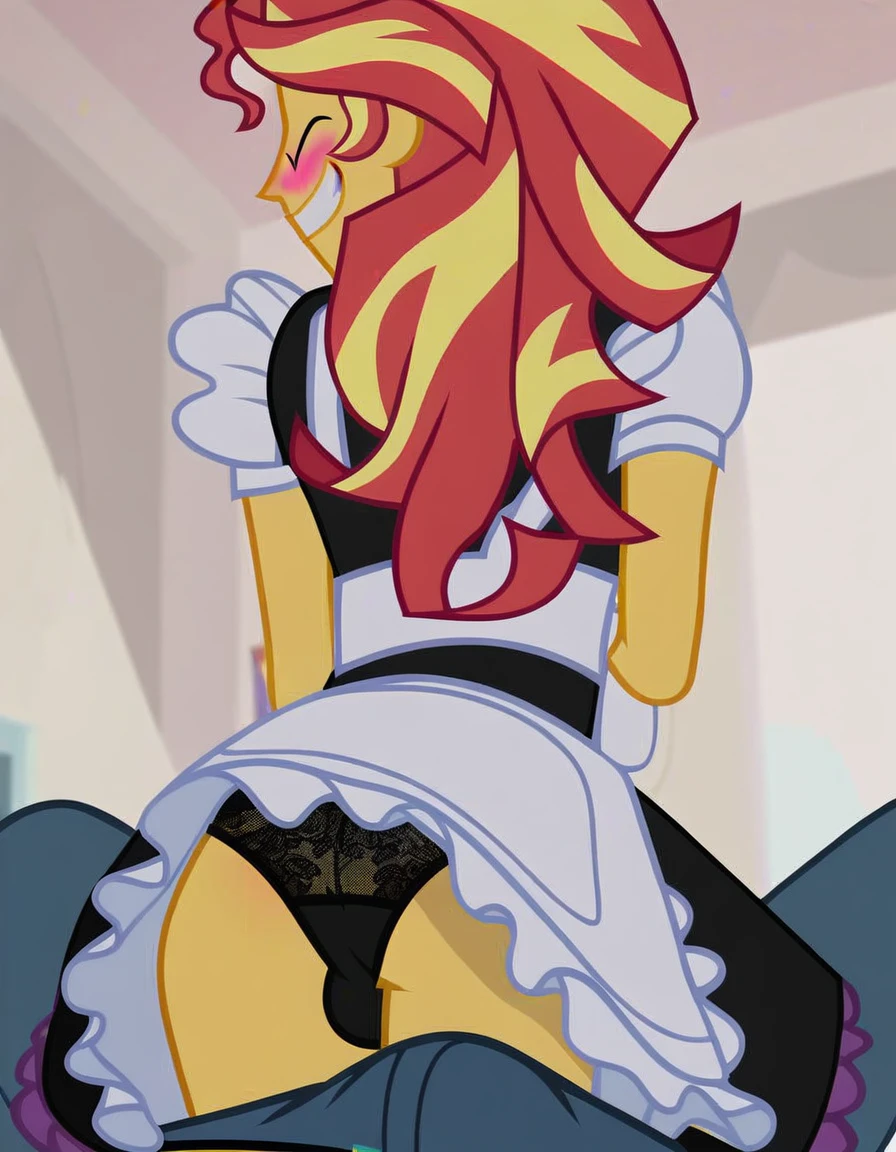 upskirt, duo focus, equestria girls, blushing, sunset shimmer, bra, underwear, grin, evil smile, erection, smiling, butt, clothes, maid, black panties, underwear, sunbutt, show accurate, vector, male pov, tenting, crotch big bulge, big erection in pants, offscreen male character