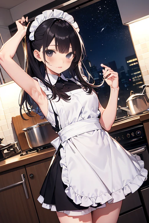 A maid, (in kitchen), various hair styles, night, details face, short skirt, seducing, sleeveless, maid uniform, armpits,
