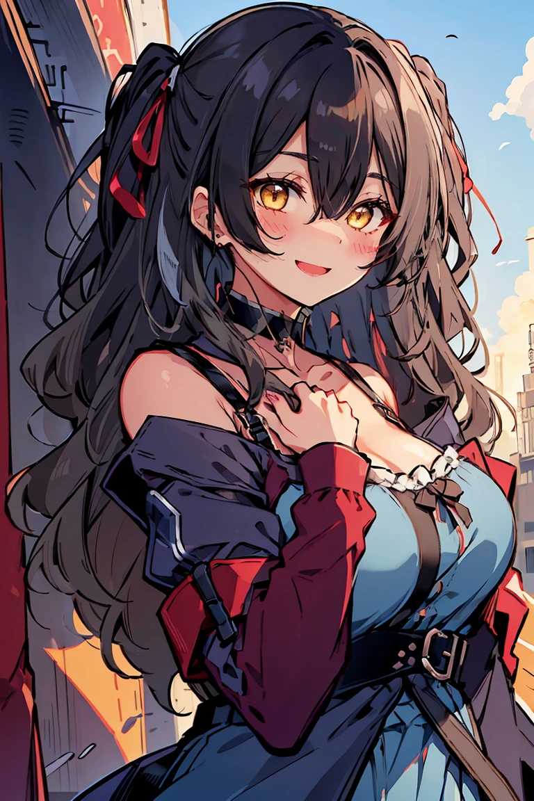 (masterpiece:1.2), (high quality:1.2), (hui xiyi:0.6), rekkyo sensen, rekkyou sensen, girls with((black hair, bangs, (one side up, long wavy hair:1.55), hand up, waving is hands, perfect hands, perfect fingers, exposed breasts, tits cleavage, breasts close up, dress((suspenders, dress, blue camisole dress:0.65), (belts:0.7), (blue clothes, frills shirt, black underwear and silver choker, jacket, long sleeves, straps, ribbon:1.2)), upper body)), background with((celtic world, legend world, fantasy, ruin, castle, beautiful sky, shining sky, sunshine))