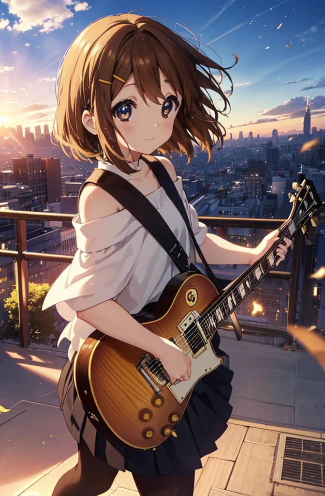 yuihirasawa, Yui Hirasawa, short hair, Brown Hair, hair ornaments, (Brown eyes:1.5),blush,smile,White oversized one-shoulder sweater,Black pleated skirt,White Pantyhose,short boots,Hair Clip,guitar(Gibson　Les Paul)Flip、smile、Overlooking the city from the top of the hill、Beautiful sunset、the wind is strong、whole bodyがイラストに入るように,
break otdoors, 丘
break looking at viewer, whole body、
break (masterpiece:1.2), Highest quality, High resolution, unity 8k wallpaper, (shape:0.8), (Beautiful and beautiful eyes:1.6), Highly detailed face, Perfect lighting, Highly detailed CG, (Perfect hands, Perfect Anatomy),