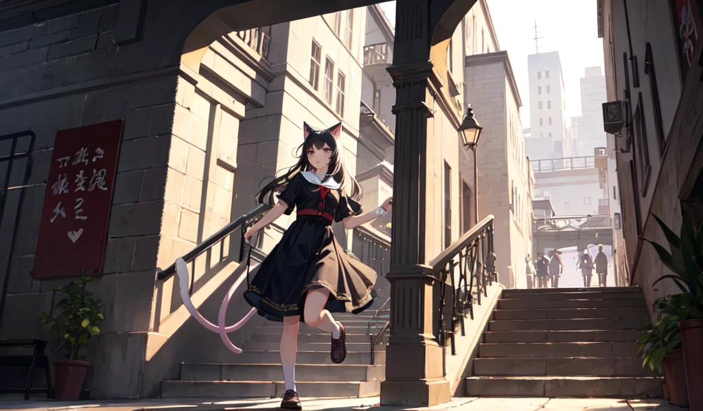 ((Highest quality)), ((masterpiece)), (detailed), 1 pretty girl, A female student with cat ears and a tail is climbing up the handrail of a staircase and running through it,He seems very panicked.。
