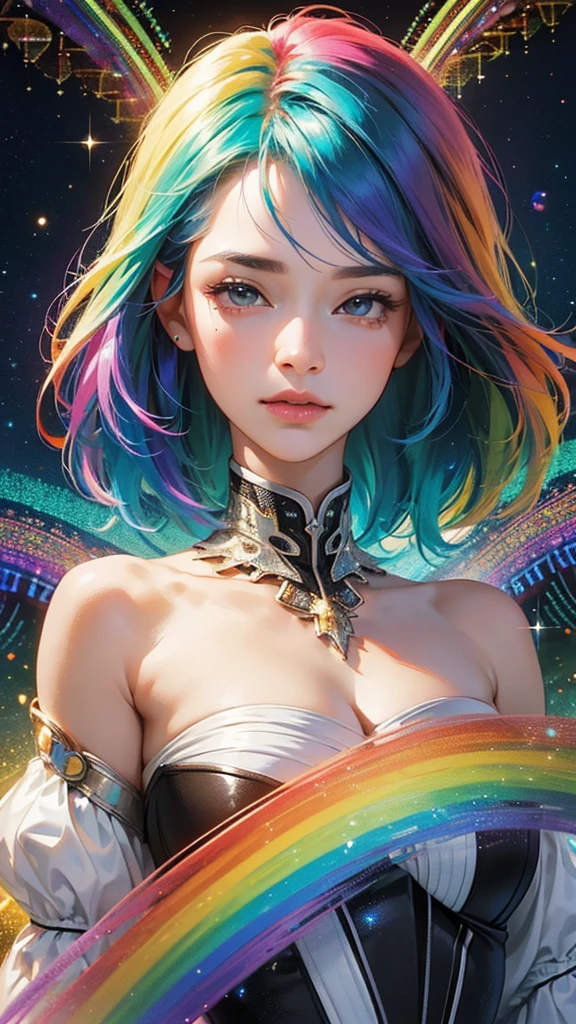 (masterpiece, Highest quality, Highest quality, beautifully、aesthetic:1.2)、Frontal face:1.5, (A woman facing forward、30th Generation), Very detailed,(Fractal Art:1.5),{{Rainbow colored hair}},colorful, Most detailed, Perfect Face, Upper Body, High resolution, Milky Way, (Particles of light),Colorful particles of light surround the area., Sparkling、(Dynamic stripes, Rainbow's trajectory:1.2), Vibrant colors,{{Watching the audience:2}}、The crystals shine、Crystal Ball、Lucky rainbow bird、Money、rainbow、Shiny Dress、shin eyes