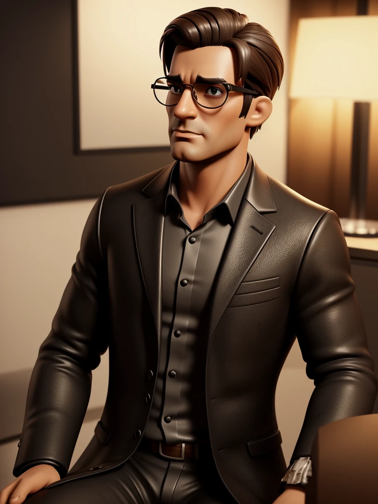Cartoon character of a seductive handsome and sexy man in black glasses, a long brown coat, with a light beige suit underneath, holding a magnifying glass, a real character, stylized character, animation style rendering, 3d stylized, Arnold Maya rendering, Stylized 3D rendering, toon render screenshot, 3d character, 3d character, Stylized 3D rendering, 3D character rendering, cartoon character, Personagem de close up, character posing, (Pixar-style) (master part:1.2) (bokeh) (best qualityer) (skin detailed) (detailed texture) (8K) (Argilla) (cinematic lighting) (sharp focus,Sit down and lift your upper body