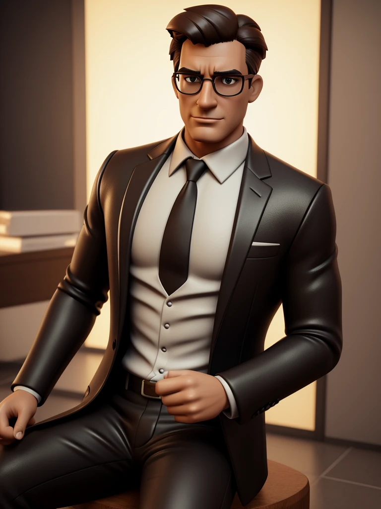 Cartoon character of a seductive handsome and sexy man in black glasses, a long brown coat, with a light beige suit underneath, holding a magnifying glass, a real character, stylized character, animation style rendering, 3d stylized, Arnold Maya rendering, Stylized 3D rendering, toon render screenshot, 3d character, 3d character, Stylized 3D rendering, 3D character rendering, cartoon character, Personagem de close up, character posing, (Pixar-style) (master part:1.2) (bokeh) (best qualityer) (skin detailed) (detailed texture) (8K) (Argilla) (cinematic lighting) (sharp focus,Sit down and lift your upper body