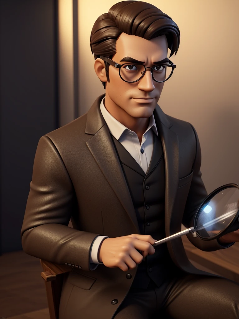 Cartoon character of a seductive handsome and sexy man in black glasses, a long brown coat, with a light beige suit underneath, holding a magnifying glass, a real character, stylized character, animation style rendering, 3d stylized, Arnold Maya rendering, Stylized 3D rendering, toon render screenshot, 3d character, 3d character, Stylized 3D rendering, 3D character rendering, cartoon character, Personagem de close up, character posing, (Pixar-style) (master part:1.2) (bokeh) (best qualityer) (skin detailed) (detailed texture) (8K) (Argilla) (cinematic lighting) (sharp focus,Sit down and lift your upper body