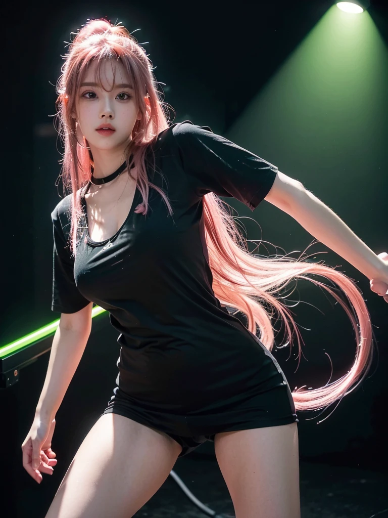  21yo girl,pink hair,long hair, wearing black t-shirt, green neon light,black background, natural big breast, show big thigh, plump body,single sidelock hairpin blush modern cinematic lighting,ray tracing,drop shadow wide shot UHD,textured skin,high details,best quality 4K