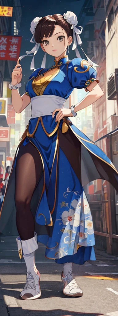 chun-li,((masterpiece)), ((best quality)), ((ultra detailed)), ((kawaii)), cute, (lovely), ((extremely detailed)), ((8K)), (beautiful),flat breast, tiny breast,full body