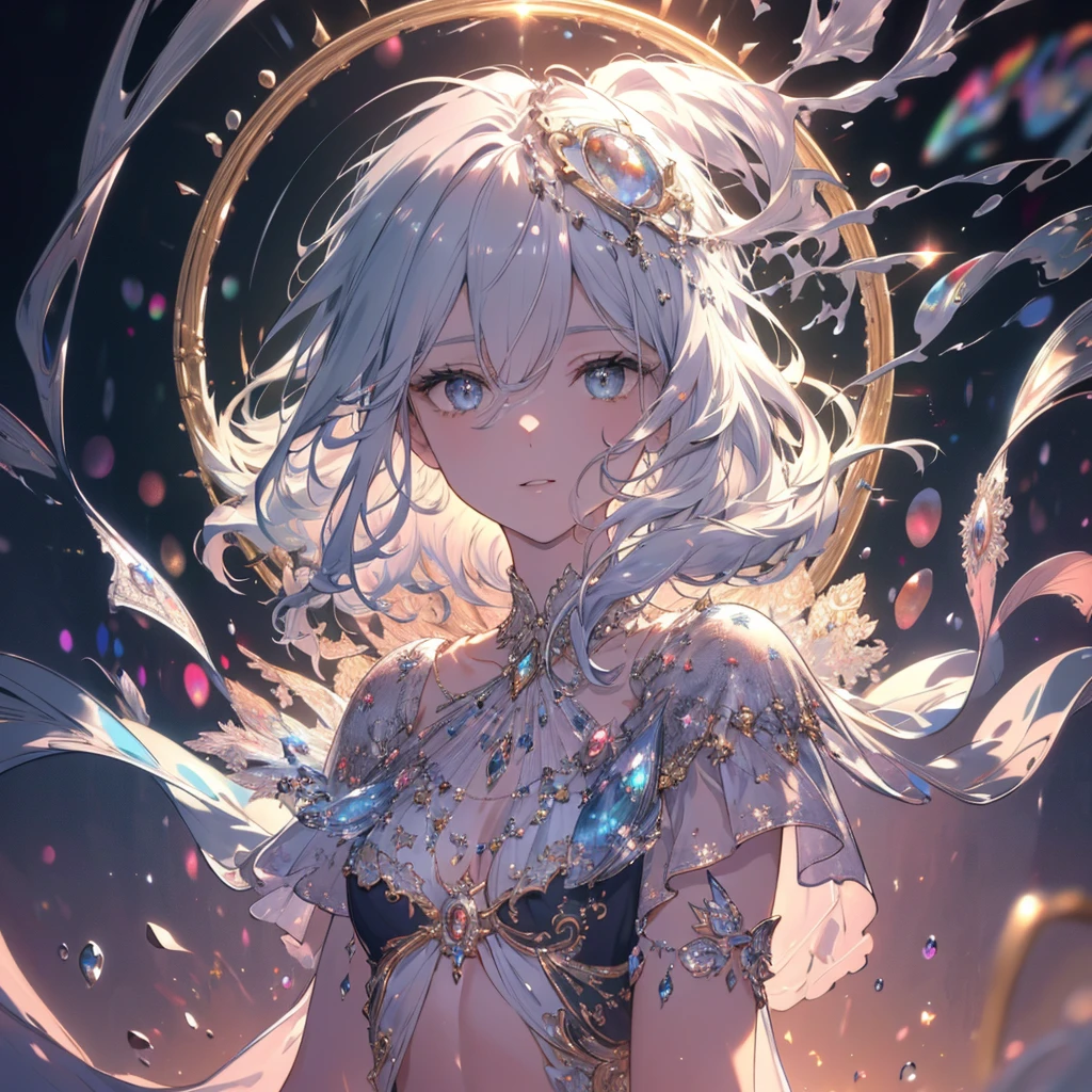 High definition RAW color art, Animation,sculptures, Silver Marble Skin, (((Ultra detailed elegant))), Magical atmosphere, Detailed skin, Texture,(Intricately detailed, Fine detail, ultra-detail art), depth of field, bokeh, Silky Touch, Hyper Detail, beautiful eyes, elegant face, magic circle, sunrise, upper body, abs