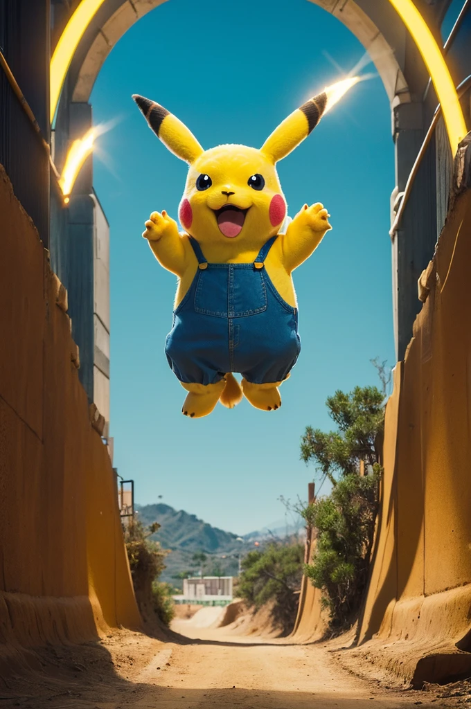 Create a vertically-oriented image (portrait mode) of Pikachu standing on its feet, facing forward with its arms raised in a ‘banzai’ pose. Pikachu should be depicted in its classic yellow color, with red cheeks, large pointed ears with black tips, and a tail shaped like a lightning bolt. Ensure that Pikachu’s eyes are big and expressive, with a friendly and cheerful expression. The background should feature the Hollywood Sign, capturing the iconic landmark in the hills. The image aspect ratio should be 9:16, and Pikachu should occupy approximately half of the image’s height.