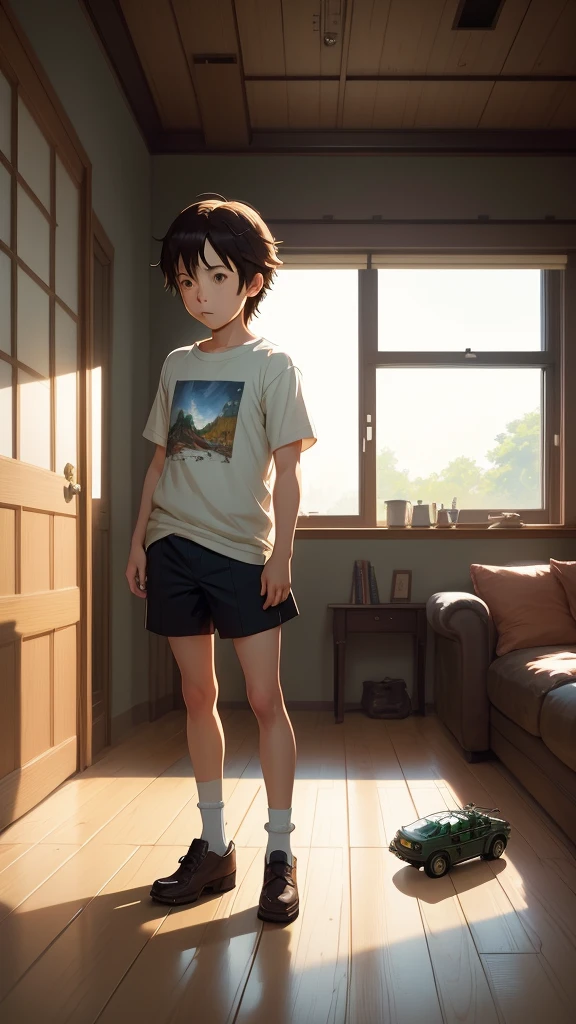 A playing with toys in a living room, simple art inspired by studio ghibli's visual style, Baroque oil painting anime key visual full body portrait character concept art, brutalist grimdark fantasy, kuudere noble dictator, trending pixiv fanbox, rule of thirds golden ratio, by greg rutkowski wlop makoto shinkai takashi takeuchi studio ghibli jamie wyeth