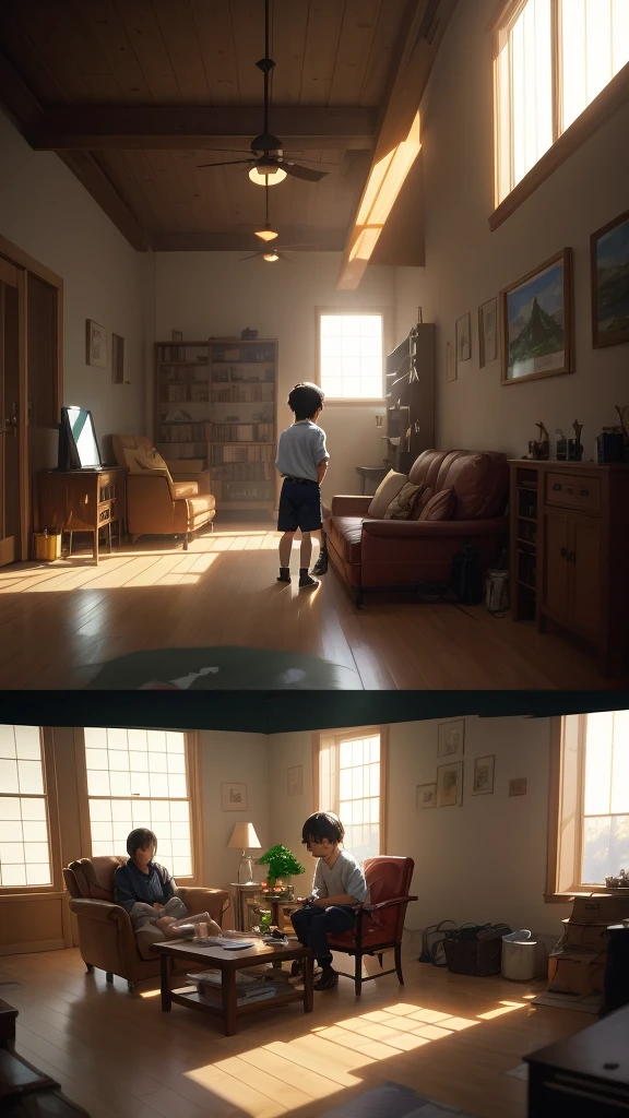 A little boy playing with toys in a living room, simple art inspired by studio ghibli's visual style, Baroque oil painting anime key visual full body portrait character concept art, brutalist grimdark fantasy, kuudere noble dictator, trending pixiv fanbox, rule of thirds golden ratio, by greg rutkowski wlop makoto shinkai takashi takeuchi studio ghibli jamie wyeth