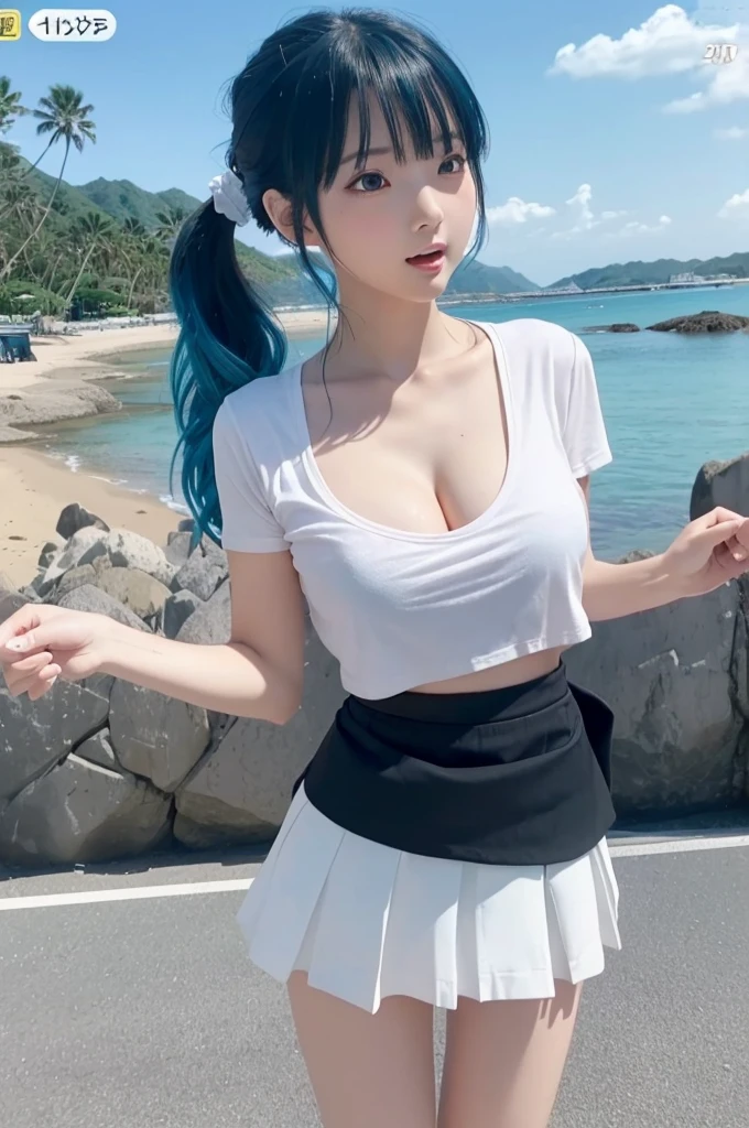 masterpiece, best quality, (anime screencap:1.4),(illustration), cute,(simple:1), (anime:1.2),solo sharp focus, 1girl, cleavage,looking at viewer, japan,beach, doyagao, open mouth,blue hair ((black skirt)),(simple white t-shirt)standing, side ponytail, nsfw, show off breasts,bottomless,(skirt lift:1.3) ,