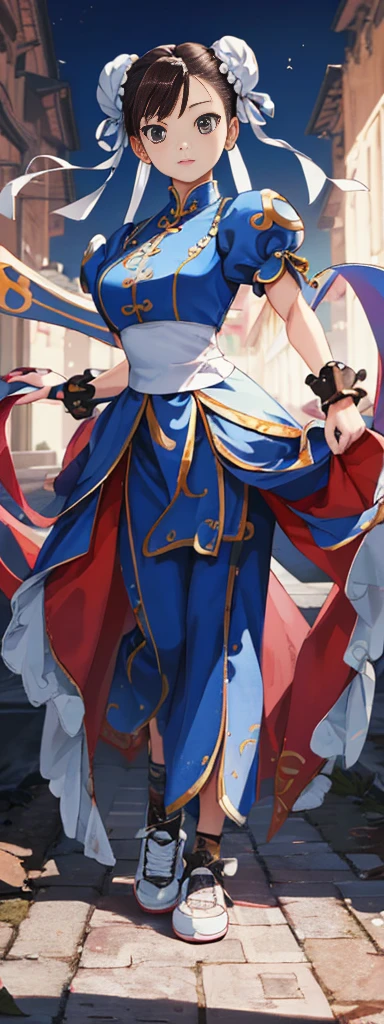 chun-li,((masterpiece)), ((best quality)), ((ultra detailed)), ((kawaii)), cute, (lovely), ((extremely detailed)), ((8K)), (beautiful),flat breast, tiny breast,full body