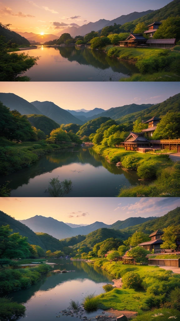 Landscape painting、Japanese village scenery、Photo Style、evening、evening、sunset、One photo, one landscape