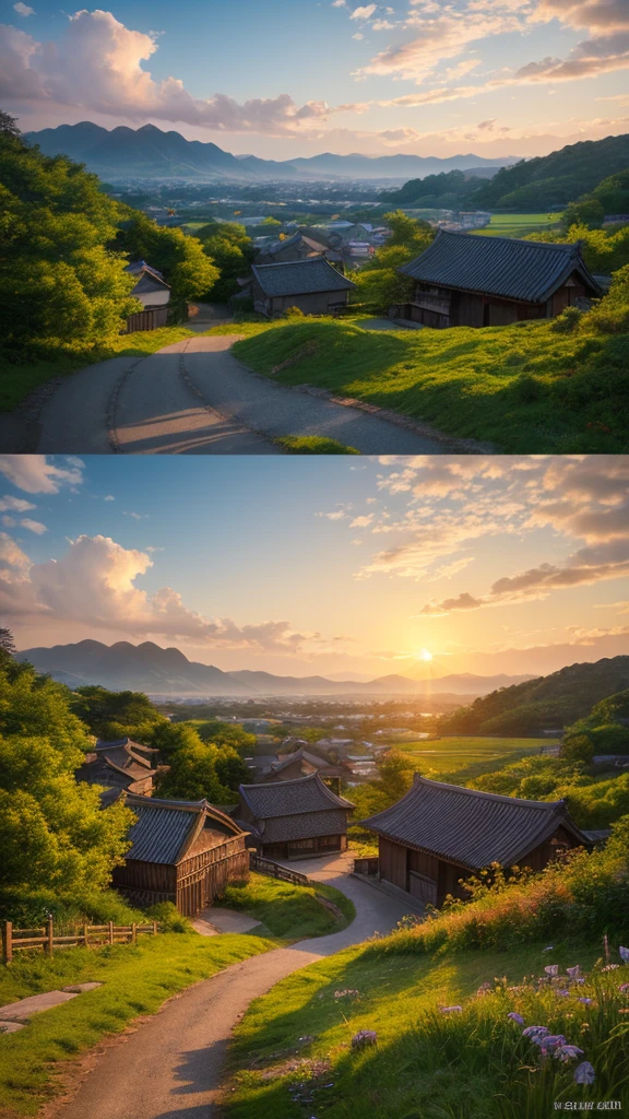 Landscape painting、Japanese village scenery、Photo Style、evening、evening、sunset、One photo, one landscape