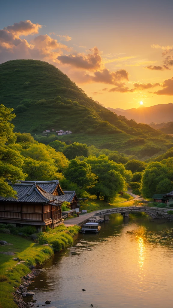 Landscape painting、Japanese village scenery、Photo Style、evening、evening、sunset、One photo, one landscape