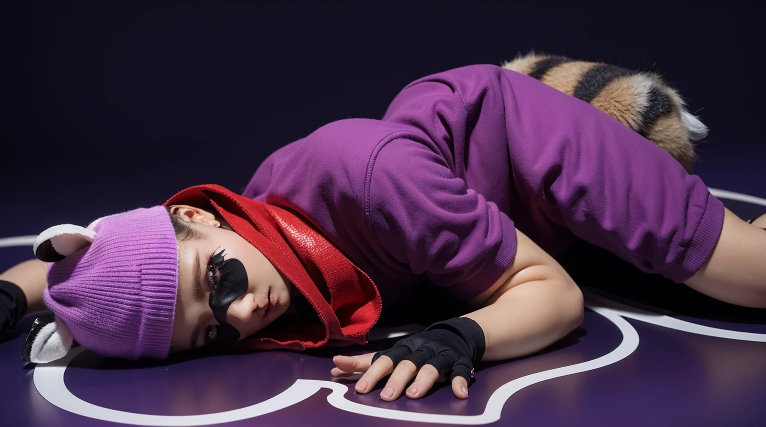 This image features a handsome, muscular, dark-skinned young man dressed in a raccoon costume. He is lying down with his eyes closed, wearing a vibrant purple outfit that includes a purple shirt and shorts. He also has a red scarf around his neck and a purple beanie hat with gray ears attached. His face is painted with black around the eyes and nose to mimic a raccoon's mask, and he is wearing black fingerless gloves. His beautiful dark skin adds to the striking appearance of his playful and whimsical costume. мультяшный рендеринг ключевого кадра, милый 3D рендеринг,,Create ultra sharp glossy цветной рендеринг zbrush. perfect cgi, cgi art created only with gradients, smooth silhouette, Create ultra sharp skin, high intensity refraction, (plastic material), most beautiful vfx, blue background, plastic refractions, glossy texture, smooth 3d model, multiple light sources, rim light, sharp post effects render, (glossy plastic texture with multiple big light probe refractions), perfect cgi, cgi art created only with gradients, smooth silhouette, high intensity refraction, (plastic material), most beautiful vfx, blue background